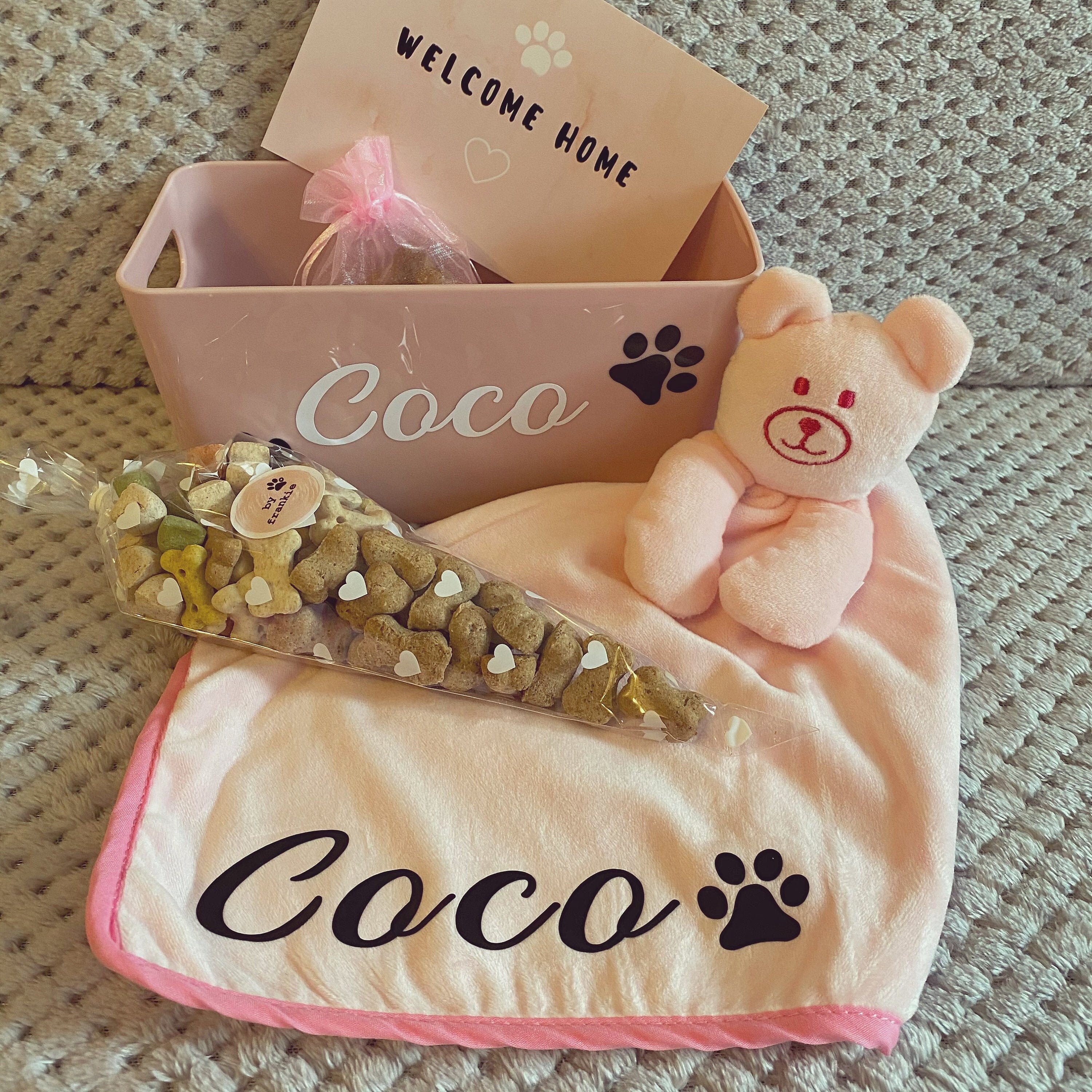 Dog puppy hamper personalised with comforter and bags of Etsy