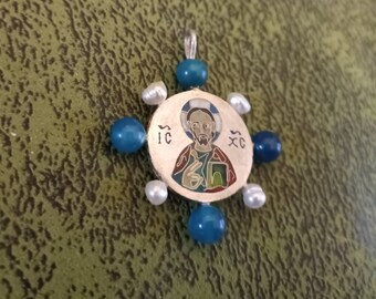 Sterling Silver 925 -Cross Pendant, Agate, Pearl, Handmade Enamel