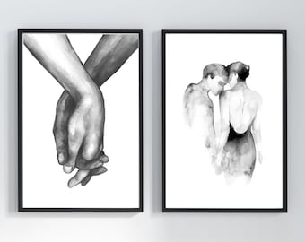 Amor de parejas/ Blanco y negro/ Acuarelas/ Día de San Valentín/ Romántico/ Impresión física/ Impresiones caseras/ Arte de pared / Minimalista / Dormitorio / Lienzo