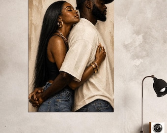 Affiche artistique Couple amoureux noir | Portrait d'étreinte intime | Décoration murale Romance mélanique | Cadeau d'anniversaire afro-américain