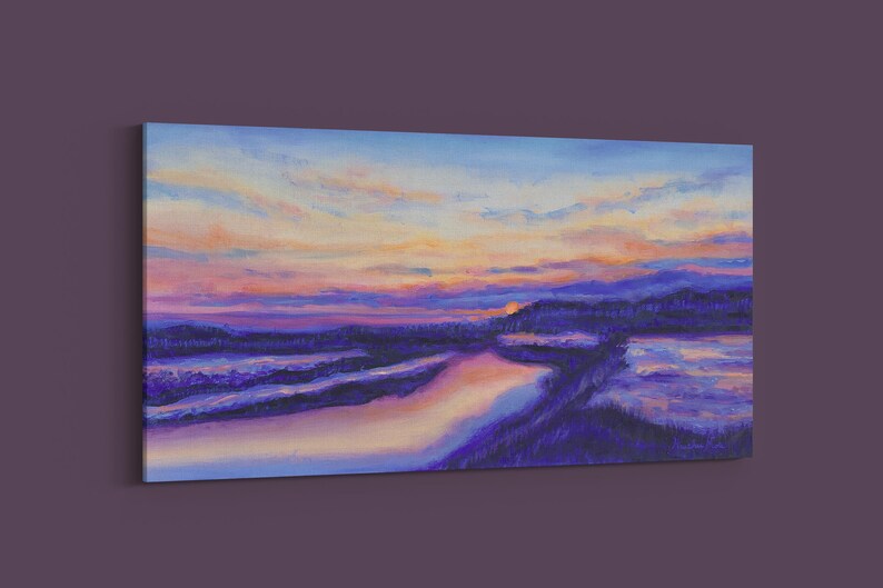 Original Sunset Oil Painting on Canvas: Abstract River Landscape (24x12 ...
