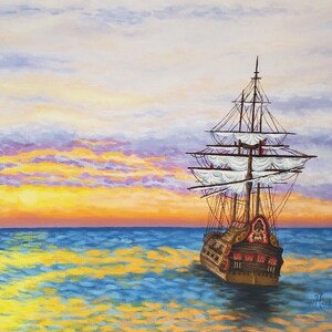Sunset Voyage Giclée Print, Sunset Giclée Print, Ship Art Print, Seascape Art Print, Ocean Wall Art, Oil Painting Print, Seascape Art Print