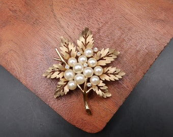 Vintage Signed Trifari Faux Pearl Maple Leaf Brooch Pin