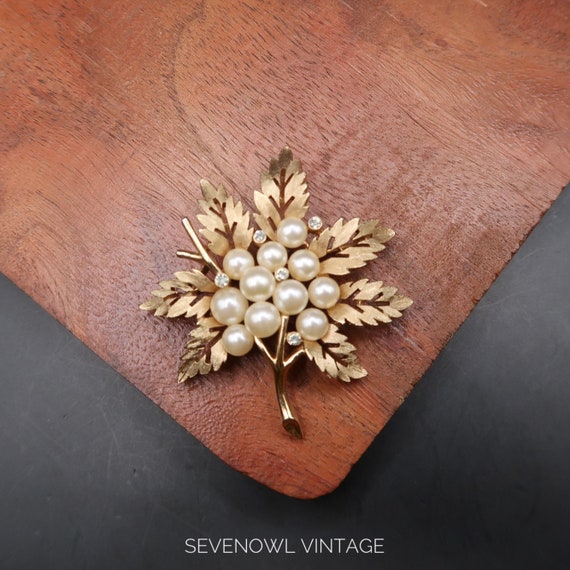 Vintage Signed Trifari Faux Pearl Maple Leaf Broo… - image 1