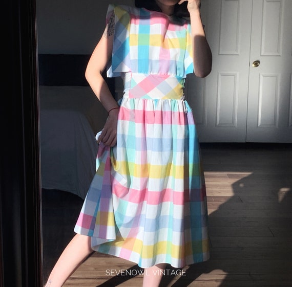 Vintage Handmade Colorful Plaid Midi Dress 1970s - image 2