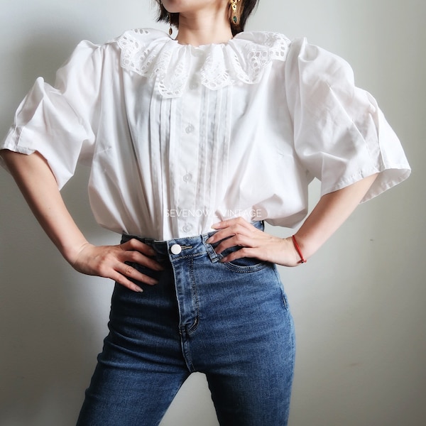 Vintage White Blouse with Ruff Collar Peter Pan Collar Austrian Folk Blouse