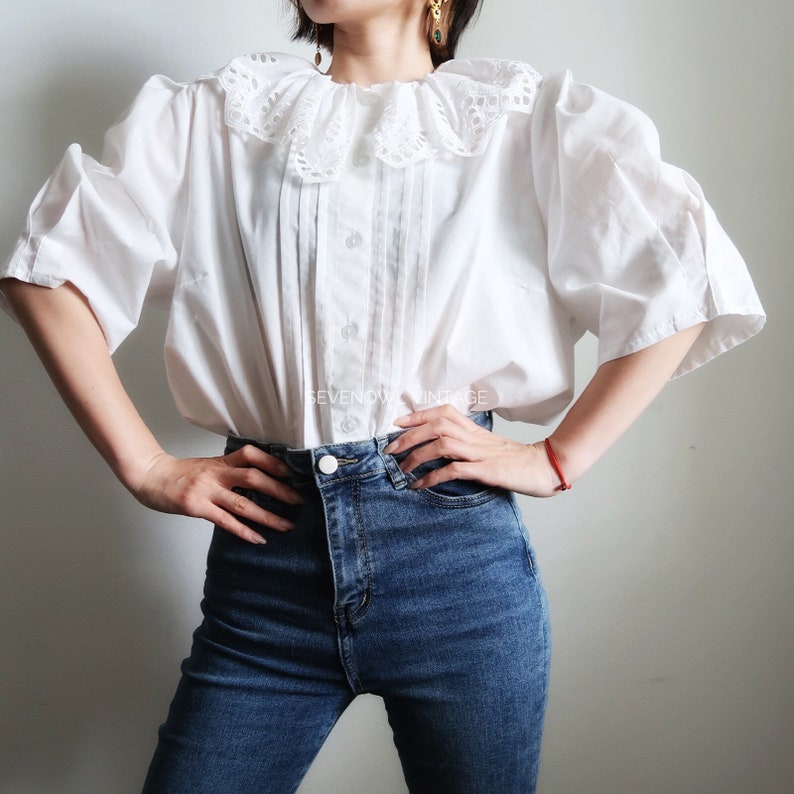 Vintage White Blouse with Ruff Collar Peter Pan Collar Austrian Folk Blouse image 1