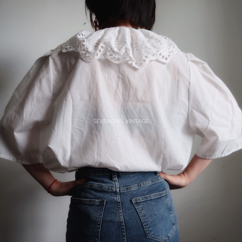 Vintage White Blouse with Ruff Collar Peter Pan Collar Austrian Folk Blouse image 4