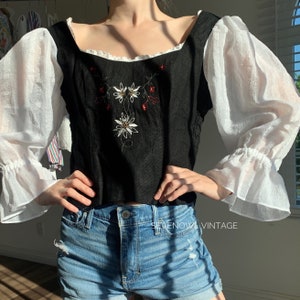 Vintage Embroidered Blouse with Sheer Puff Sleeves