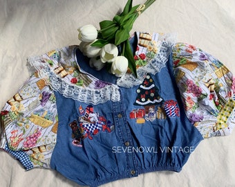 Vintage Remake Embroidered Denim Crop Top with Puff Sleeves and Peter Pan Collar-Handmade