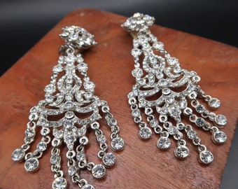 Vintage Signed Barerra Art Deco Style Rhinestone Dangle Earrings Clips On