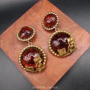 Vintage Signed Dominique Aurientis Glass Cabochon Chunky Dangle Clips On Earrings