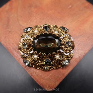 Vintage Signed West Germany Smoky Grey Glass Rhinestone Brooch