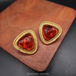 Vintage Signed Chanel 1985-1995 Glass Cabochon Clips On Earrings