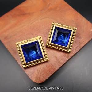 Vintage Signed YSL Yves Saint Laurent Blue Glass Rhinestone Clips On Earrings