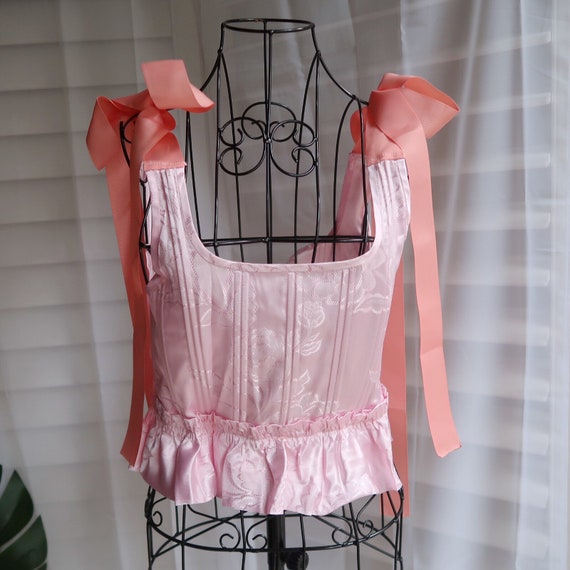 Vintage Remake Pink Satin Corset with Pink Ribbon… - image 1