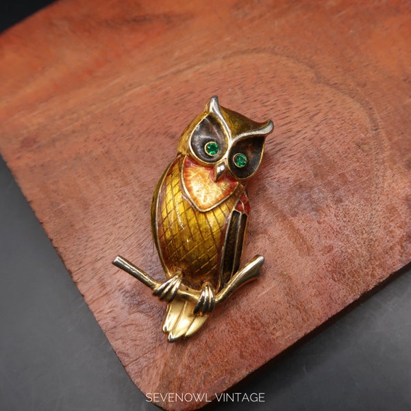 Vintage Signed Boucher Enamel Owl Brooch Pin