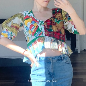 Vintage Remake Teddy Bear Comics Crop Top Handmade with Vintage Fabric