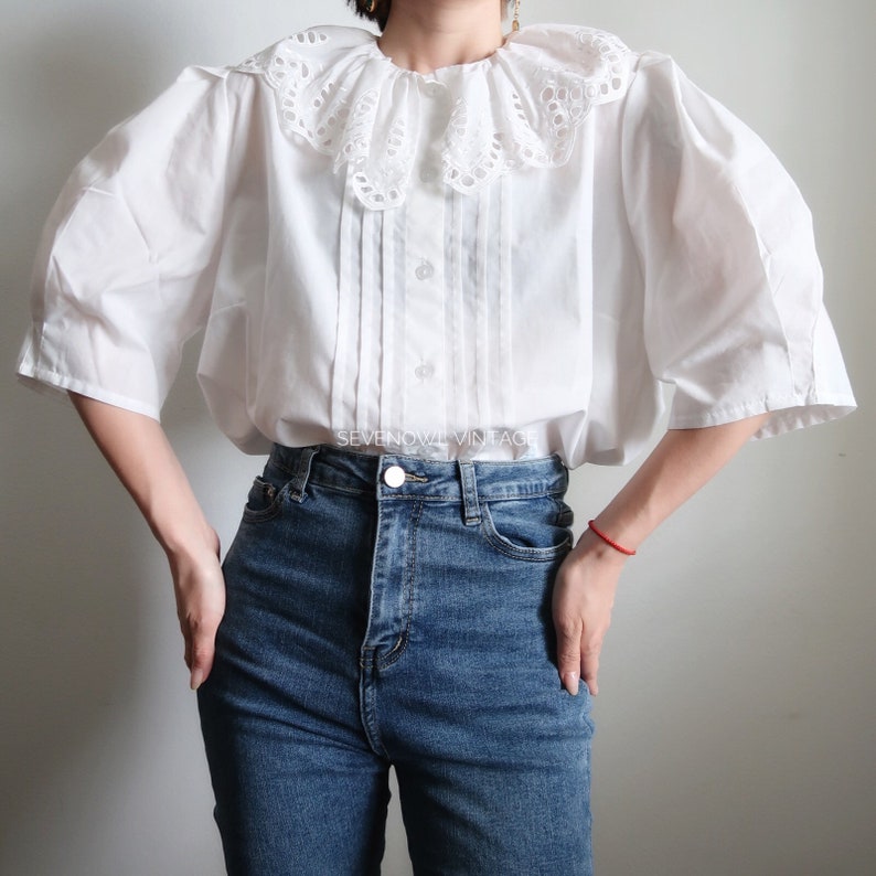 Vintage White Blouse with Ruff Collar Peter Pan Collar Austrian Folk Blouse image 3