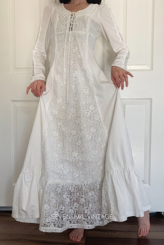 Vintage 70s Gunne Sax Corset Lace Up Crochet white Pr… - Gem