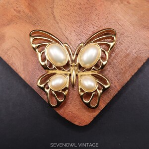 Vintage Signed Trifari Faux Pearl Gold Tone Butterfly Brooch