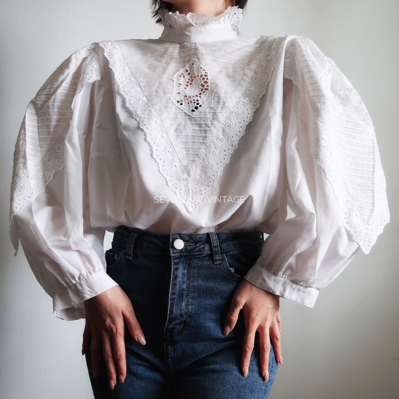 Vintage Edwardian Style High Collar White Blouse With - Etsy