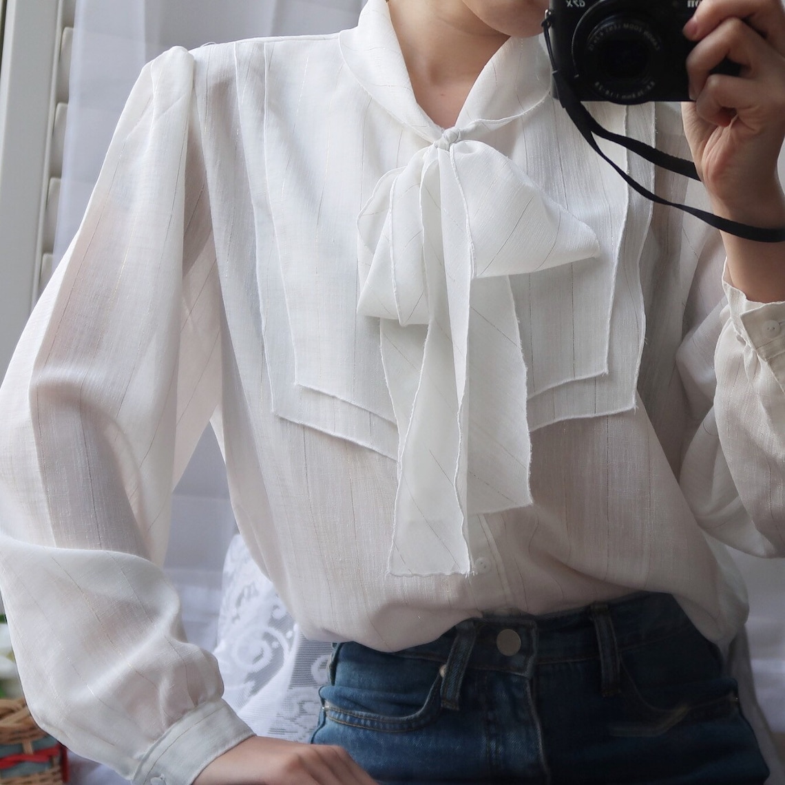 Vintage White Sheer Botton up Blouse with big collar | Etsy