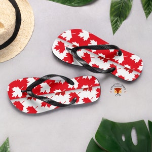Canada Day Flag, Canada Day Flip flops, Red & White, Beach Shoe, Custom Sandal, Slip on Sandal, Girls Flip Flops, Mens Flip Flop, Maple leaf