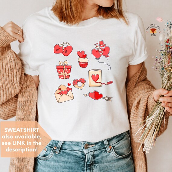 Valentine's Day Gnome Graphic T-Shirt For Women - Cute Heart Print Short Sleeve Tee (Large, White)