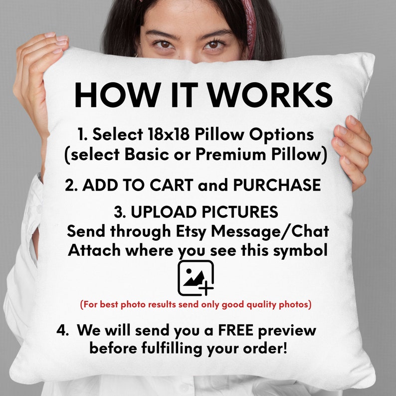 May include: A white pillow with black text explaining how to order a custom pillow. The text says "HOW IT WORKS" and includes instructions for selecting pillow options, adding to cart, uploading pictures, and receiving a free preview. The pillow is being held by a person's hands.