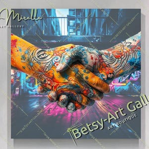 Graffiti Handshake Art - Tattooed Hands Print on Canvas - Street Art Canvas, Urban Pop Art Wall Decor
