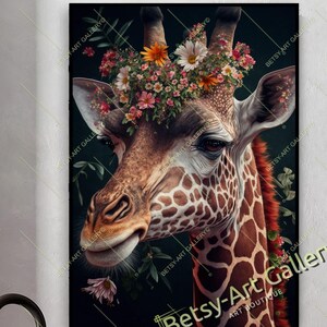 Giraffes and Flowers Printed Canvas – Floral Jungle Animal Wall Art