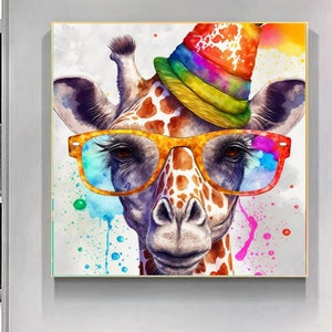 Vibrant Giraffe with Hat and Sunglass Canvas Print – Watercolor Floral Canvas Art Print - Colorful Safari Wall Art Decor