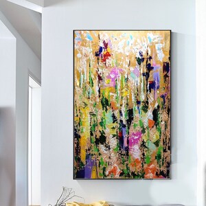 Textured Floral Field Painting: Gold Leaf Abstract Acrylic Canvas Art