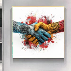 Tattooed Hands Handshake Art Print on Canvas - Graffiti Street Art Canvas, Urban Pop Art Wall Decor