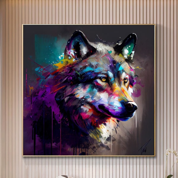 Impression animalière abstraite colorée loup graffiti sur toile - Grande toile imprimée peinture animalière tendue/roulée