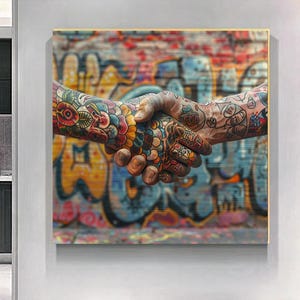 Handshake Art Tattooed Hands Print on Canvas - Graffiti Street Art Canvas, Urban Pop Art Wall Decor