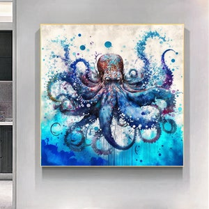 Blue Octopus Print on Canvas - Watercolor Art, Animal Home Decor - Large Printed Canvas Stretched/Rolled