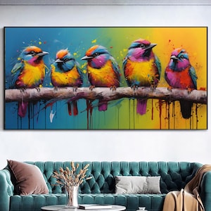 Five Colorful Birds - Modern Animal Wall Art - Large Panoramic Canvas Print for Living Room, Hotel, Gift