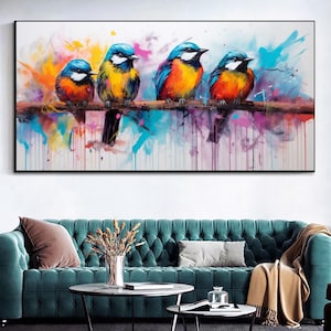 Vibrant Four Birds Print on Canvas - Colorful Animals Art, Large Panoramic Modern Wall Art for Living Room, Hotel, Gift