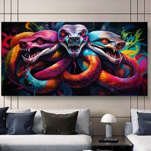Vibrant Color Family Snakes – Graffiti Style Modern Canvas Wall Art - Large Panoramic Print on Canvas for Living Room, Hotel, Gift