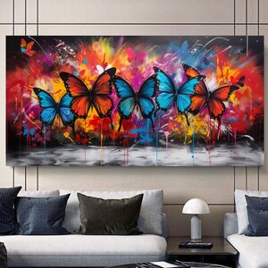 Five Colorful Butterflies – Graffiti Style Modern Canvas Print - Large Panoramic Print on Canvas for Living Room, Hotel, Gift
