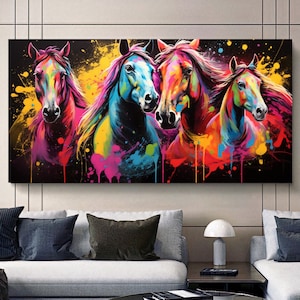 Large Panoramic Print on Canvas Vivid Color Horses, Graffiti Art Modern Printed Canvas, Colorful Animals Art for Living Room, Hotel, Gift