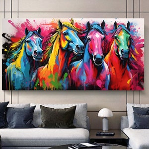 Colorful Running Horses Wall Art – Large Panoramic Print on Canvas - Vibrant Abstract Canvas Print for Living Room, Office, Hotel, Gift