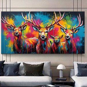 Colorful Deer Family – Graffiti Style Modern Canvas Wall Art - Large Panoramic Print on Canvas for Living Room, Hotel, Gift