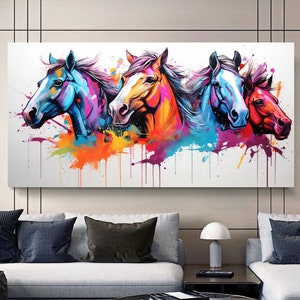 Watercolor Colorful Running Horses Wall Art – Vibrant Abstract Animals Canvas Print for Living Room or Office, Hotel, Gift