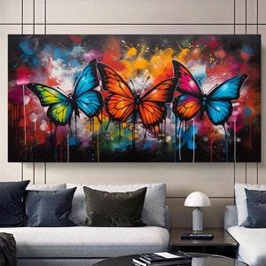 Vivid Colorful Butterflies – Graffiti Style Modern Canvas Print - Large Rainbow Panoramic Print on Canvas for Living Room, Hotel, Gift