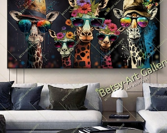 Colorful Floral Family of Giraffes with Hat and Sunglasses Print on Canvas – Vibrant Safari Expression -Jungle Animal Canvas Wall Art Print