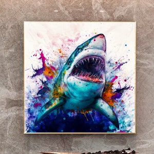 Graffiti Shark Watercolor Art Print on Canvas - Animal painting Large Printed Canvas Stretched/Rolled