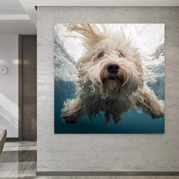 Print on Canvas, Stretched on Wood Framework, Funny Dogs Underwater, Modern Wall Art Decor